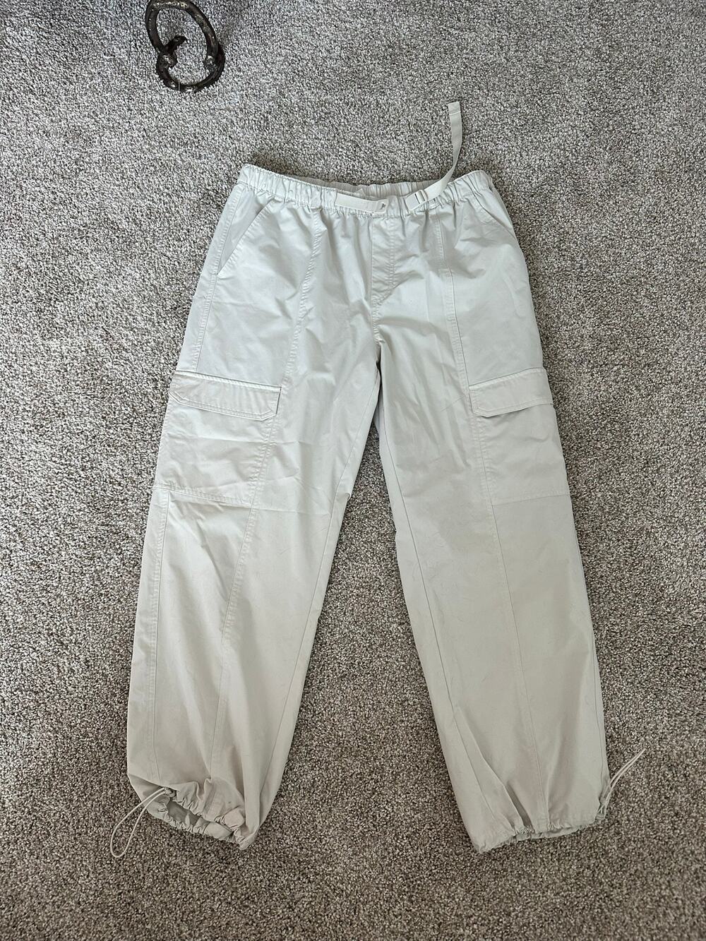 AVA Vintage Y2K Beige Parachute Cargo Pants Size L 12–14 Adjustable Hem
